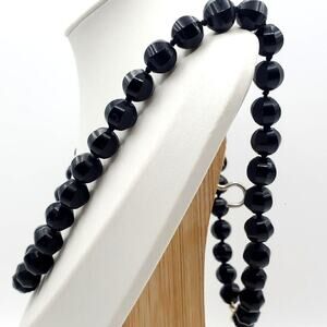 Black Glass Beaded Necklace 23 1/2" 12KT GF Clasp Hand Knotted Faceted Vintage
